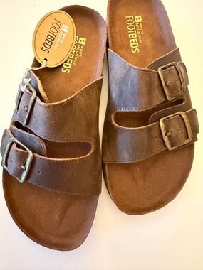 White Mountain Leather Footbeds woman’s Brown Two-Strap Slide Sandals